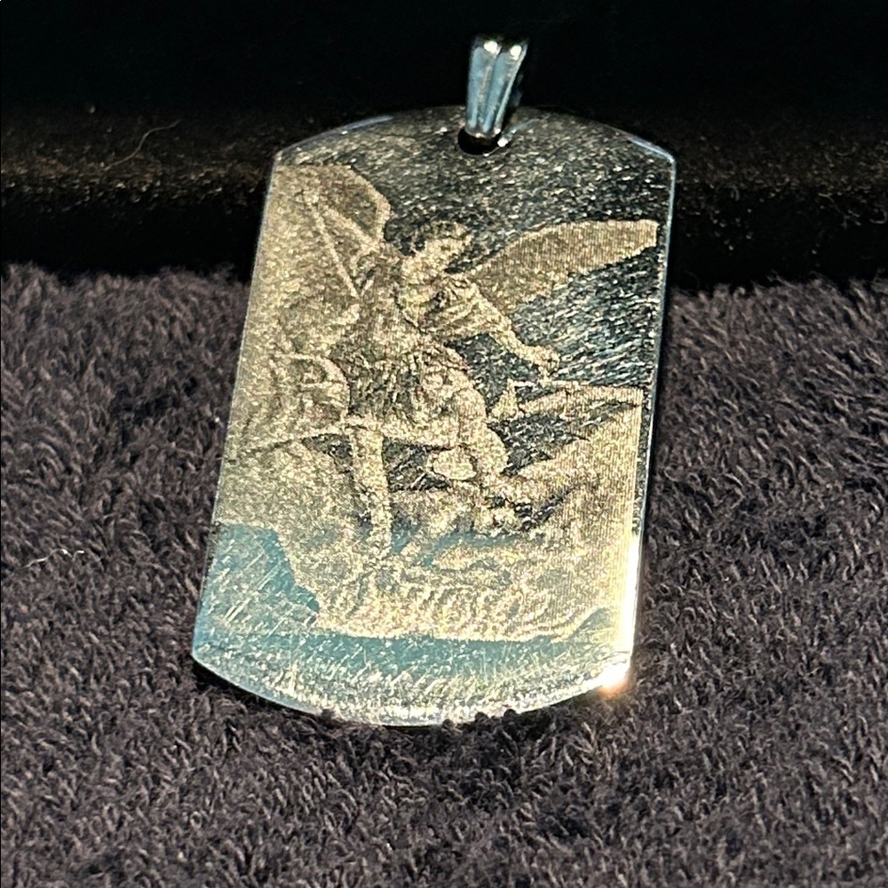St Michael Dog Tag. Chrome etched with image of St Michael & prayer on the back